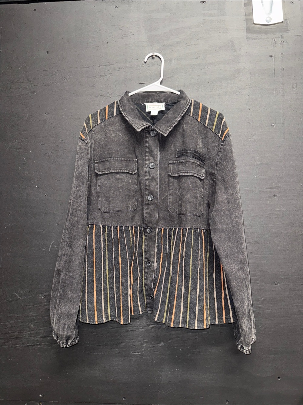 Love Riche Washed Gray Jean Jacket with Tan & Cream Stripes